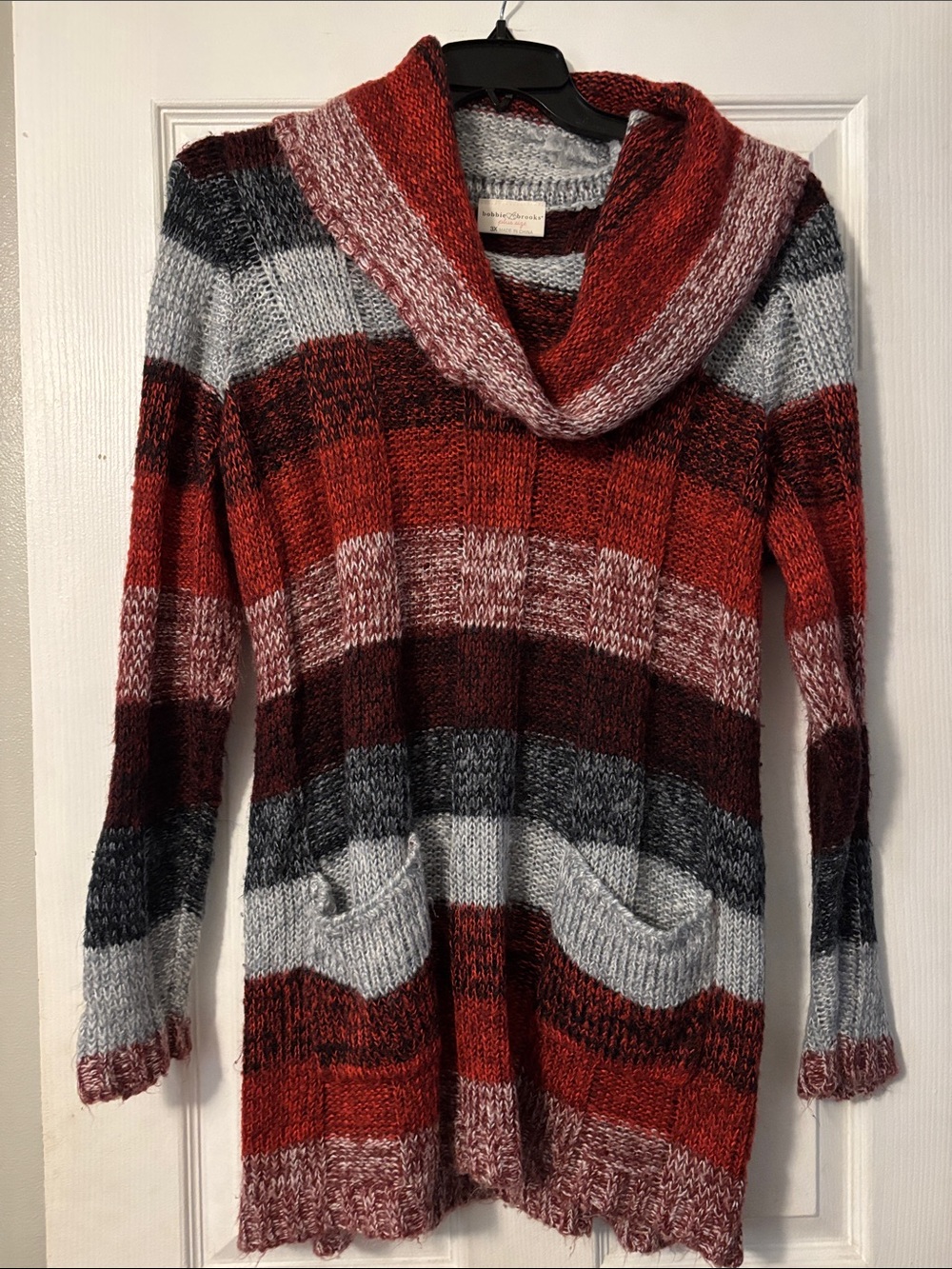 Bobbie Brooks Red, Gray & Burgundy Striped Cowl Neck Sweater